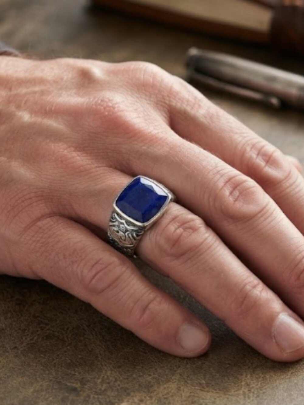 Vintage Lapis Lazuli Sterling Silver Signet Ring, Tribal Statement Jewelry